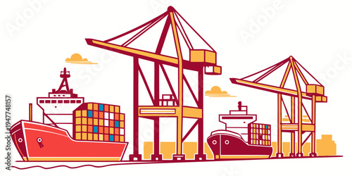 A cargo ship and cranes at a port facility Vector