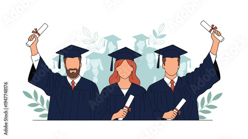 Three happy university graduates wearing caps and gowns and proudly holding up their diplomas against a background of students.