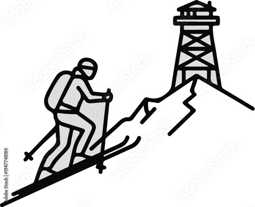 Skier ascends mountain towards a watchtower