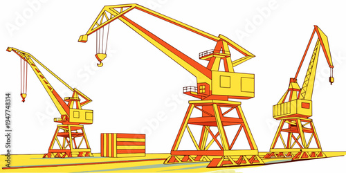 Three industrial cranes on a construction site Vector