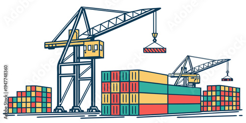 A large cargo port with shipping containers and cranes Vector