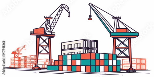 A large cargo port with cranes and shipping containers Vector