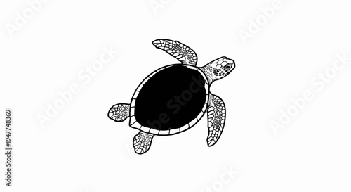 Stylized black and white illustration of a sea turtle swimming