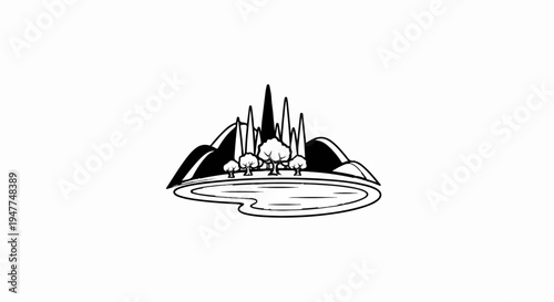 Stylized black and white illustration of a serene landscape with a pond and trees