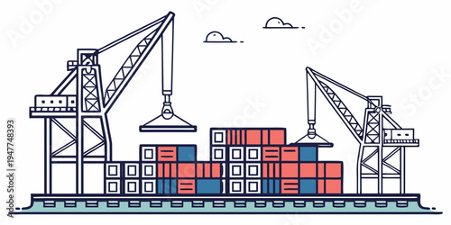 A cargo port with cranes and shipping containers Vector