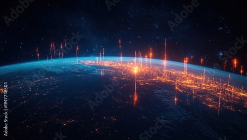 earth at night from space with glowing city lights and vertical orange beams reaching into the stars, a futuristic and awe-inspiring vision of global connectivity