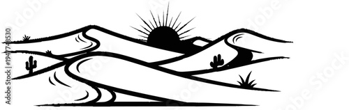 Stylized desert landscape with winding paths and a rising sun