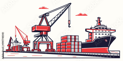 Cargo ship with crane and containers on dock Vector