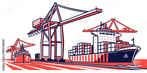 A cargo ship with cranes and containers on the dock Vector