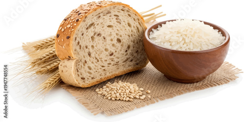 Slice of seedy bread, a bowl of rice, wheat stalks, and scattered grains on burlap