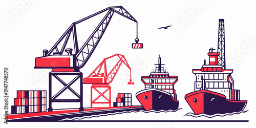 A cargo ship and crane at a port facility Vector