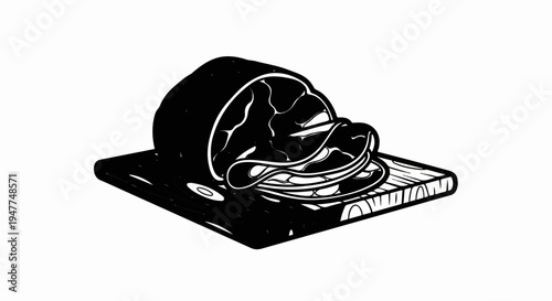 Sliced deli meat on a wooden cutting board, rendered in a stark black and white graphic style