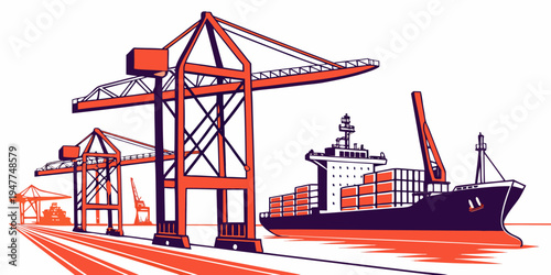 A large ship is docked at a port with cranes Vector