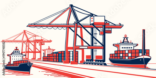 A cargo ship and cranes at a port facility Vector