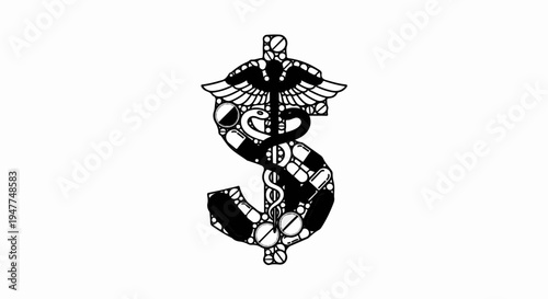 Stylized dollar sign merging caduceus symbol with medical pills
