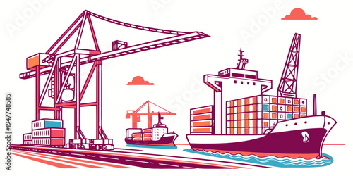 A large cargo ship docked at a port with a crane Vector