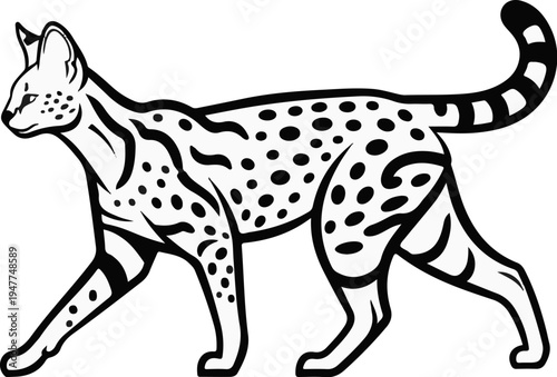 Stylized black and white illustration of a spotted feline with large ears