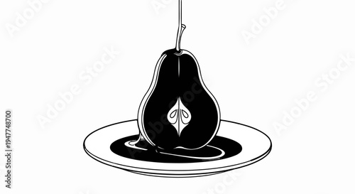 Sliced pear, split vertically, sits in syrup on a plate