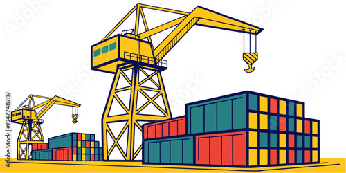 A crane lifting a container at a port with stacked shipping containers Vector