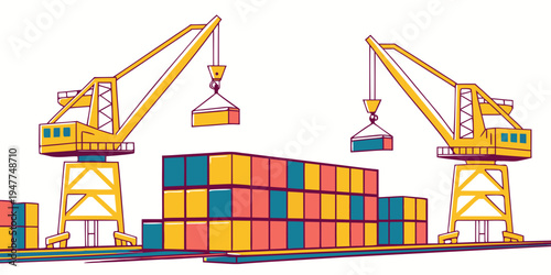 A stack of colorful shipping containers with cranes Vector
