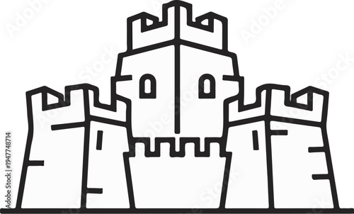 Stylized line art of a fortress with crenellated battlements and towers