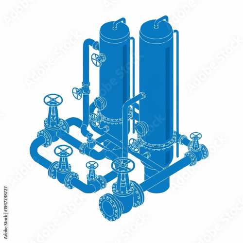 Isometric illustration of industrial piping system with tanks and valves in blue outline.