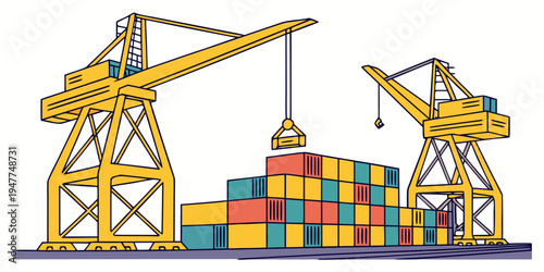A stack of shipping containers on a dock with cranes Vector