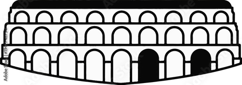 Stylized line art of a grand amphitheater with arched tiers