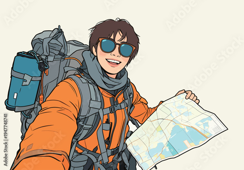 A person smiles while wearing an orange jacket and holding a map. The setting suggests an outdoor adventure in nature.