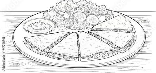 Sliced quesadillas with dip and salad arranged on a wooden table