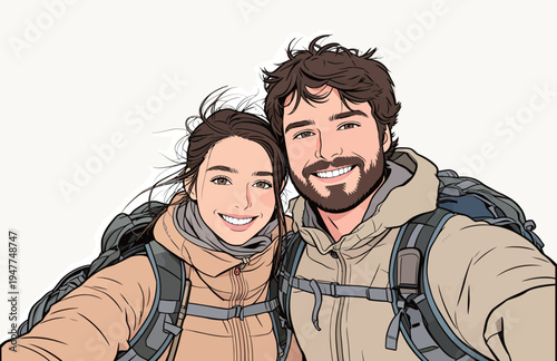 Two hikers are smiling and posing for a self-portrait in a bright outdoor area. They are wearing backpacks and enjoying their time.