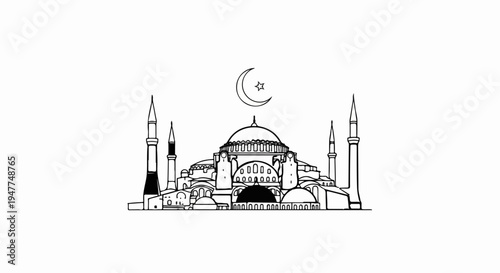 Stylized line art of a grand mosque with minarets and crescent moon