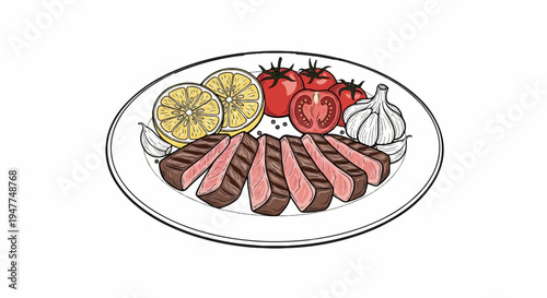 Sliced steak with lemon, tomatoes, and garlic on a plate