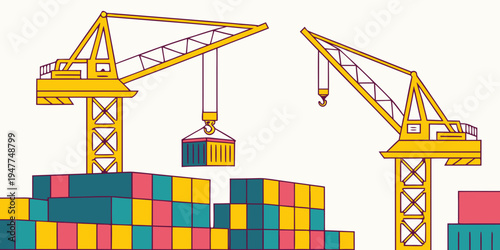 A stack of colorful shipping containers with cranes Vector