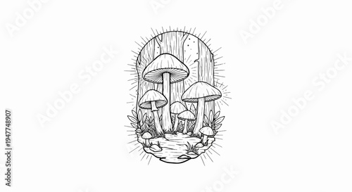 Stylized line art illustration of a cluster of mushrooms growing from mossy ground within a wooden frame