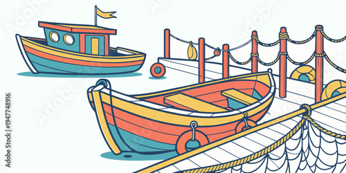 Boats are moored at a dock by the sea Vector