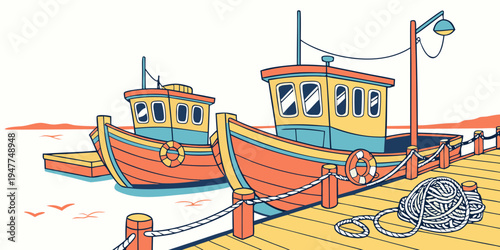 Two boats are docked at a pier by the water Vector