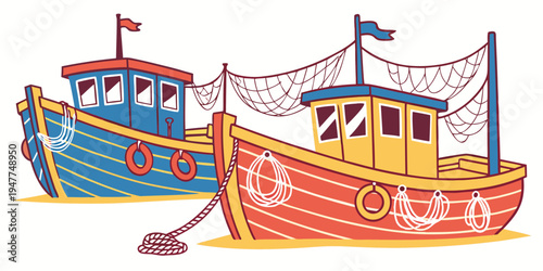 Two colorful boats sitting side by side on the water Vector