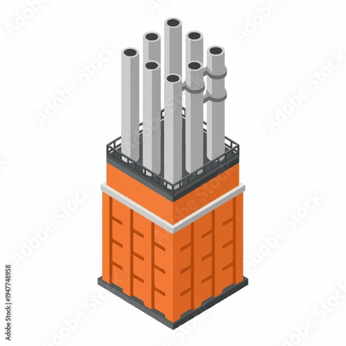 Isometric illustration of an industrial factory chimney with multiple tall pipes emitting smoke against a white background.