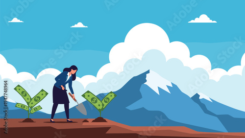 Hardworking businesswoman using a shovel to plant money trees in a field against a backdrop of majestic snow-capped mountains.