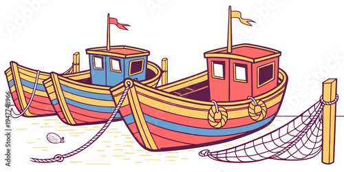 Two colorful boats are tied to a fishing net Vector