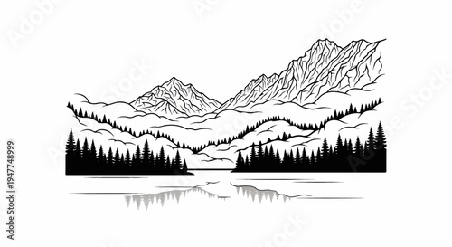 Stylized line art of a serene mountain range reflected in calm water