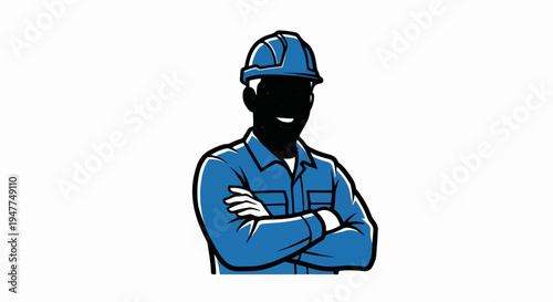 Smiling construction worker in hard hat and blue uniform