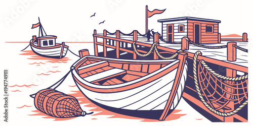 A boat is docked at a pier with a fishing net Vector