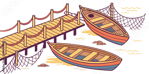 Two wooden boats next to a dock Vector