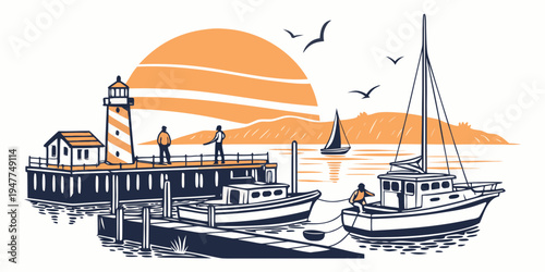 A sailboat is docked at a pier near a lighthouse Vector