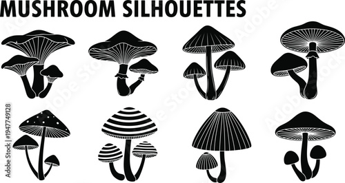 Mushroom silhouettes collection, botanical fungi clipart set black white flat vector illustration vintage nature design elements bundle