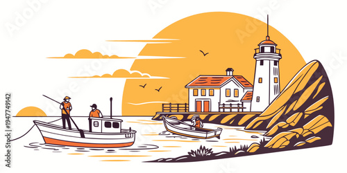 A picturesque lighthouse on a rocky coastline at sunset Vector