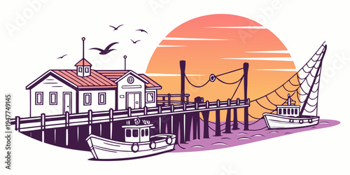 A pier with a building and a crane at sunset Vector