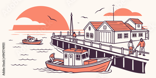 A boat is docked at a pier during sunset Vector